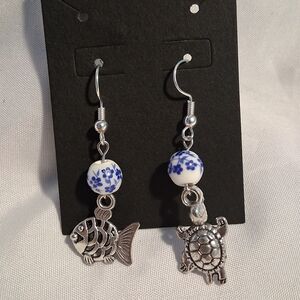 Silver and Blue Fish and Turtle Earrings